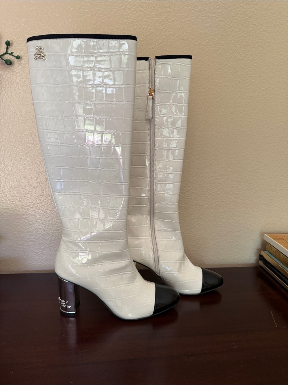 CHANEL White Croc-Embossed Over-the-Knee Boots with Black Cap Toe